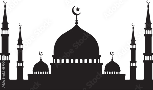 Black silhouette of a mosque with domes and minarets against a white background Islamic