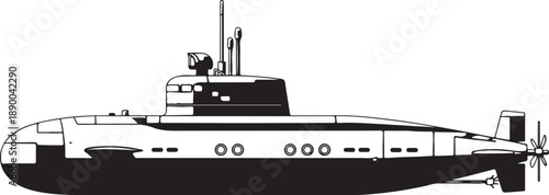 Black and White Vector Illustration of a Military Submarine