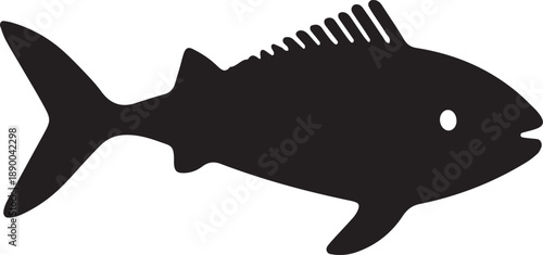 Black silhouette of a tuna fish with fins and tail on a white background