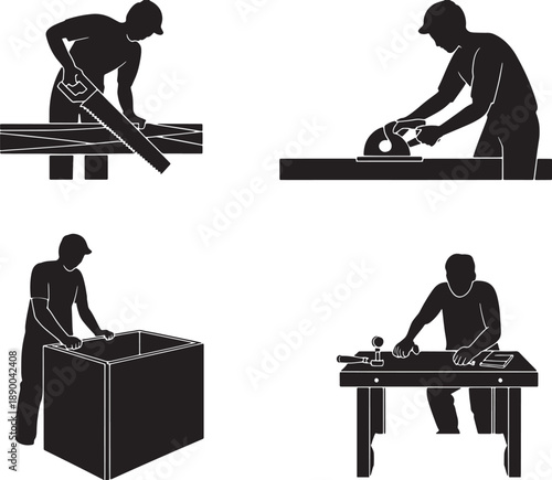 Four silhouette of a person engaged in woodworking activities including sawing cutting assembling and hammering 1
