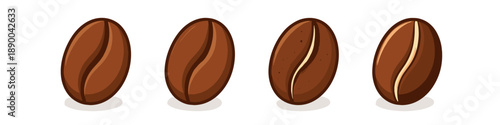 Four stylized coffee beans with different levels of detail and shading on a white background