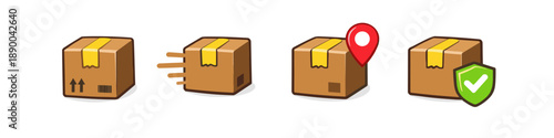 Set of icons representing package delivery services, tracking, and security