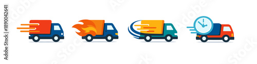 Set of four fast delivery truck icons with motion lines, flames, and clock