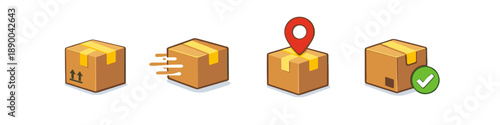 Set of four icons representing different stages of package delivery and logistics