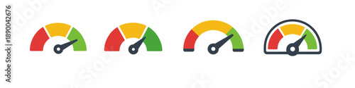 Set of four colorful speedometers indicating performance levels from low to high