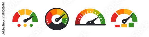 Set of four colorful speedometers indicating performance levels from low to high