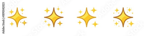 Collection of four sparkling starburst icons with a golden yellow gradient and brown outline