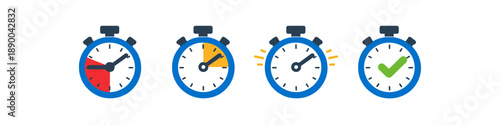 Four stopwatch icons showing progress from start to completion with a checkmark