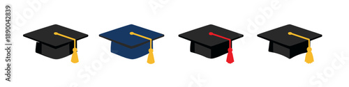 Four academic mortarboard graduation caps in different colors with tassels on white background