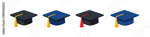 Collection of graduation caps in different colors with tassels, symbolizing academic achievement