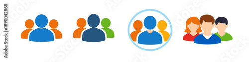 Collection of diverse group icons representing people and teams in various colors