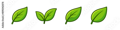 Set of four cartoon green leaves with veins and stems on a white background