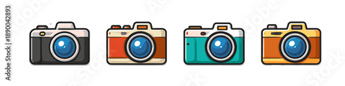 Collection of four colorful retro-style cameras with large blue lenses