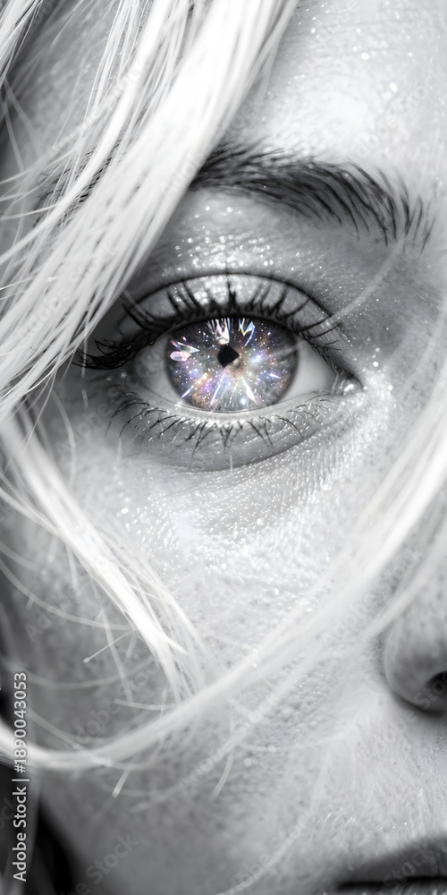 Obraz premium cinematic photo A black-and-white close-up portrait focusing on a single eye