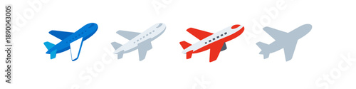 Collection of four stylized airplanes in different colors and designs flying