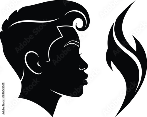 a striking black silhouette depicts a man s profile with a classic pompadour hairstyle and flowing flame like designs nearby