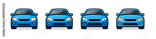 Four blue cars lined up with different headlight and grille details
