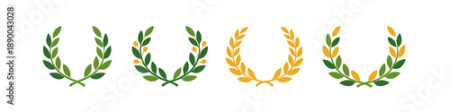 Collection of four laurel wreaths in green and gold, symbolizing victory and achievement