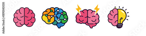 Set of stylized brains illustrating different cognitive processes and ideas