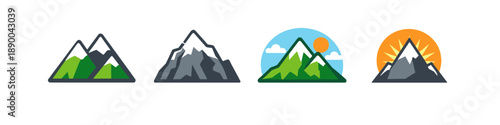 Collection of stylized mountain range icons with varying weather and time of day elements