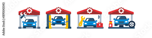 Set of four car service garage icons showing different repair and maintenance tasks