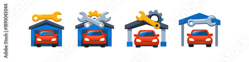 Set of car repair garage icons with tools and vehicles for automotive service