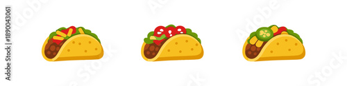 Three delicious tacos with various toppings arranged in a row on a white background