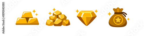 Collection of shiny gold bars, nuggets, diamond, and money bag icons