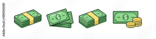 Collection of stylized cash bundles and coins representing financial wealth and currency