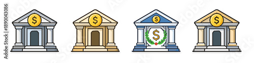Collection of stylized bank buildings with dollar signs, representing financial institutions