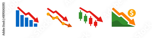 Collection of downward trending financial graphs and charts indicating losses