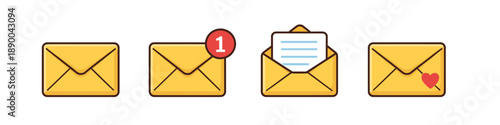 Collection of four yellow envelopes with different icons and notifications