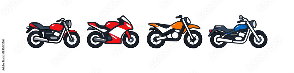 Obraz premium Collection of four different types of motorcycles lined up against a white background