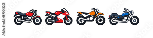Collection of four different types of motorcycles lined up against a white background