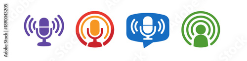 Collection of podcast and broadcasting icons with microphones and sound waves