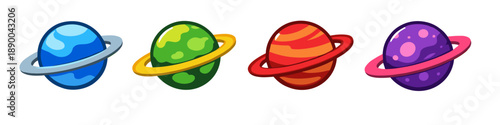Collection of four colorful cartoon planets with rings, isolated on white background