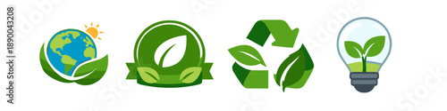 Eco-friendly symbols: Earth, leaf badge, recycling, and plant in lightbulb