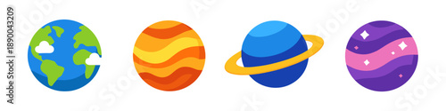 Collection of colorful cartoon planets with unique designs and textures in a row