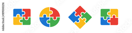 Four colorful puzzle pieces forming different shapes, symbolizing teamwork and connection