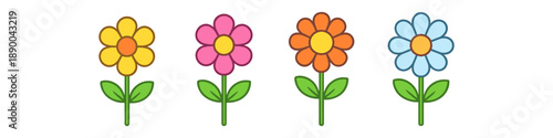 Four colorful cartoon flowers with green stems and leaves on a white background