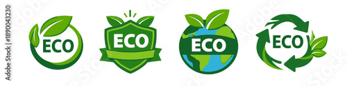 Set of four green eco friendly logos with leaves and recycling symbols