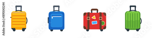 Collection of four colorful wheeled suitcases for travel and vacation adventures