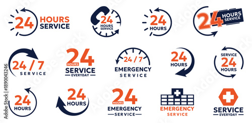 Twenty four hours service icon collection. Emergency support and nonstop availability symbols