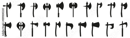 Medieval axe weapon silhouette collection. Different battle and tool axe variations in black