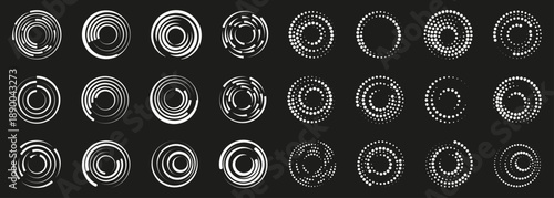 Abstract circular geometric patterns on dark background. Dynamic ring and dot compositions in modern style