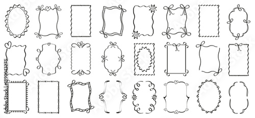 Decorative ornamental frame outlines set in black. Elegant hand drawn borders with floral and geometric accents