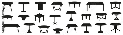 Table furniture silhouette collection in black. Different dining and coffee table shapes