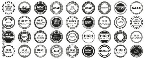 Vintage quality badge and seal collection. Circular guarantee and sale labels in black style