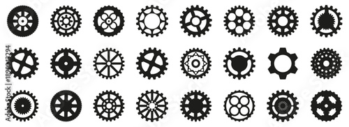 Cogwheel and gear silhouettes collection in black. Mechanical round gear shapes with different teeth patterns