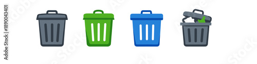Collection of colorful trash cans and bins, representing waste management and recycling options